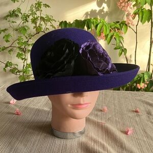 Elegant Purple Wool Hat With Black and Purple Velvet Floral Accents